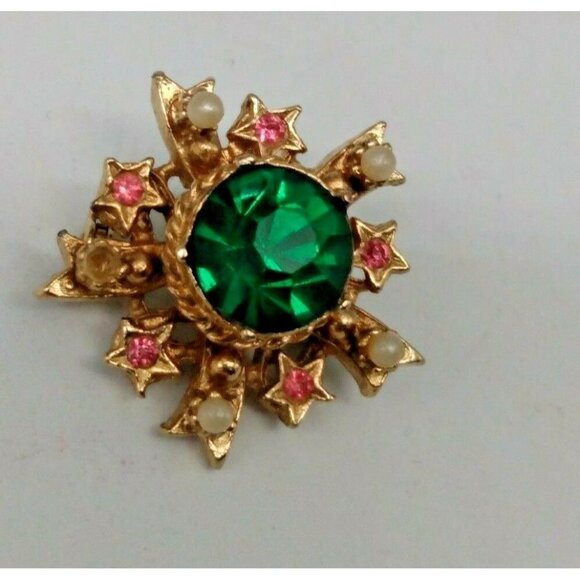 Vintage Coro Star Brooch Green & Pink Rhinestone Pearl seed bead 1 1/4" - Picture 1 of 9